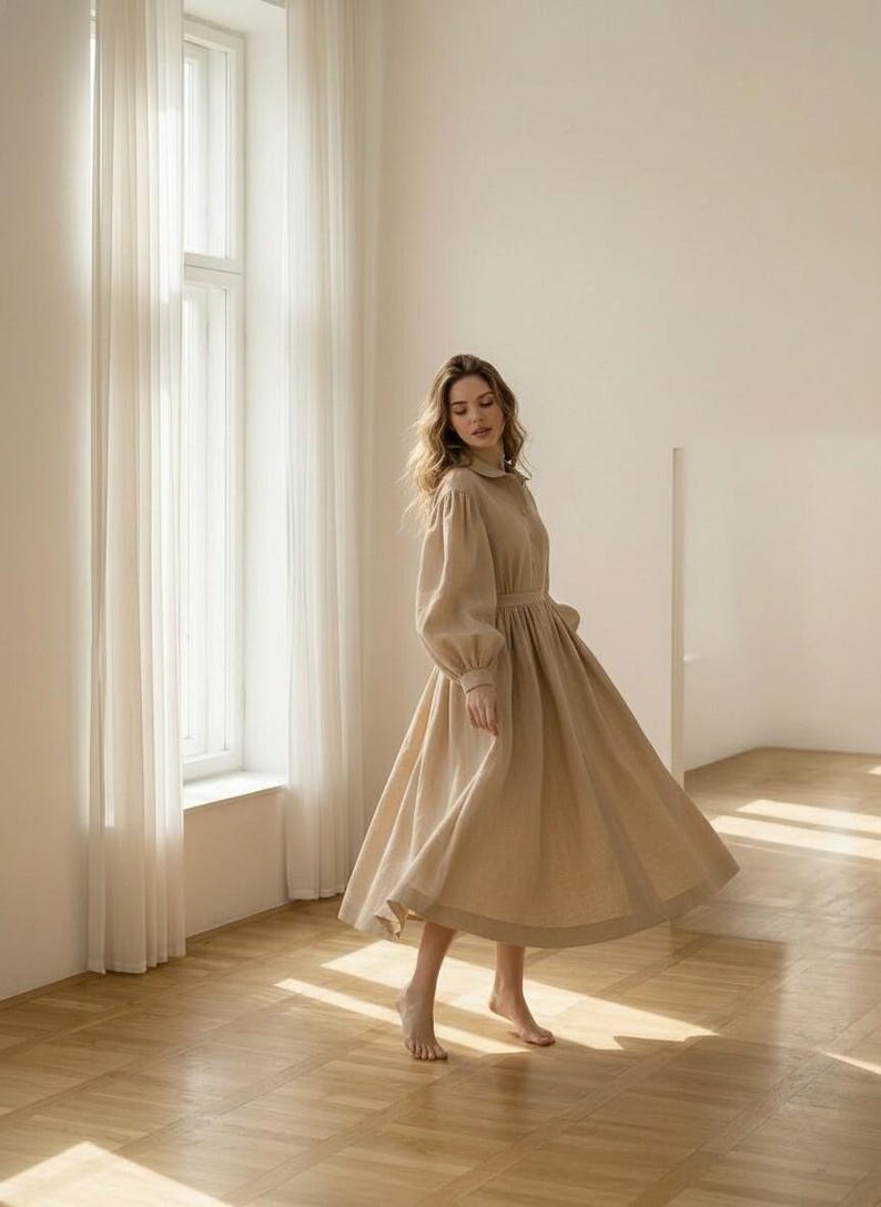 Vintage Linen Midi Dress, Cottagecore Puff Sleeve Prairie Gown