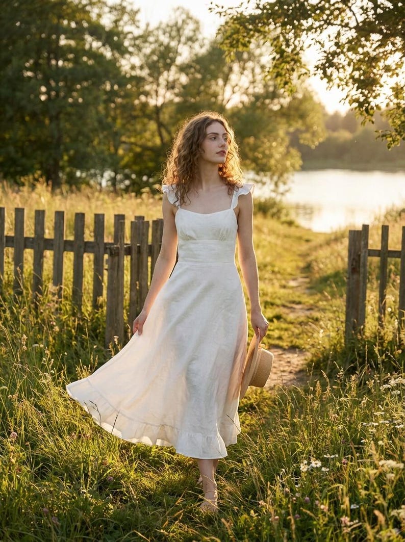 White Linen Midi Dress, Square Neck Tie Strap Summer Dress