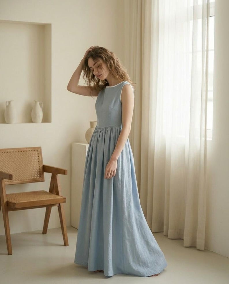 Linen Maxi Dress With Pockets, Sleeveless Summer Long Dress