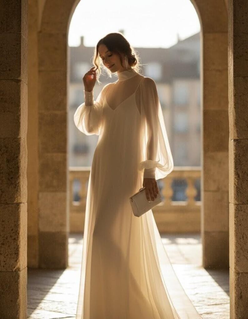 Modern Sheer Wedding Dress with High Neck and Long Sleeves, Minimalist Chiffon Bridal Gown, Contemporary Bridal Style
