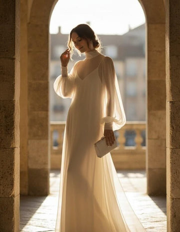 Modern Sheer Wedding Dress with High Neck and Long Sleeves, Minimalist Chiffon Bridal Gown, Contemporary Bridal Style