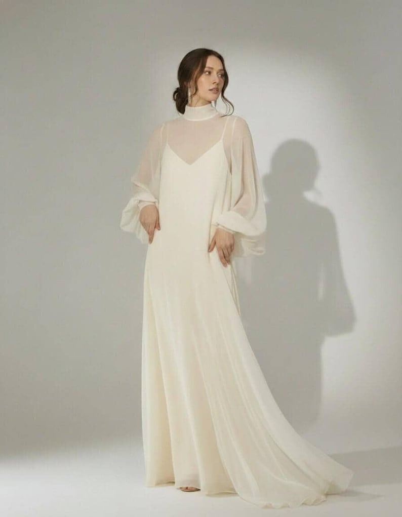 Modern Sheer Wedding Dress with High Neck and Long Sleeves, Minimalist Chiffon Bridal Gown, Contemporary Bridal Style