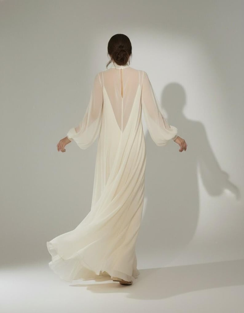 Modern Sheer Wedding Dress with High Neck and Long Sleeves, Minimalist Chiffon Bridal Gown, Contemporary Bridal Style