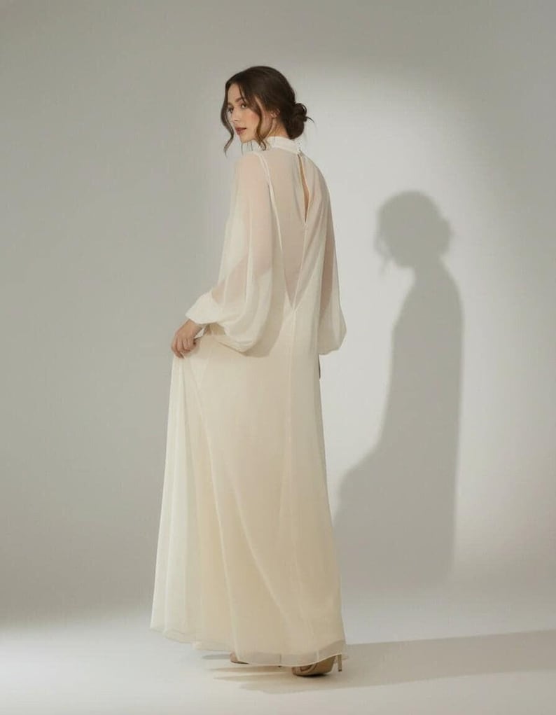 Modern Sheer Wedding Dress with High Neck and Long Sleeves, Minimalist Chiffon Bridal Gown, Contemporary Bridal Style
