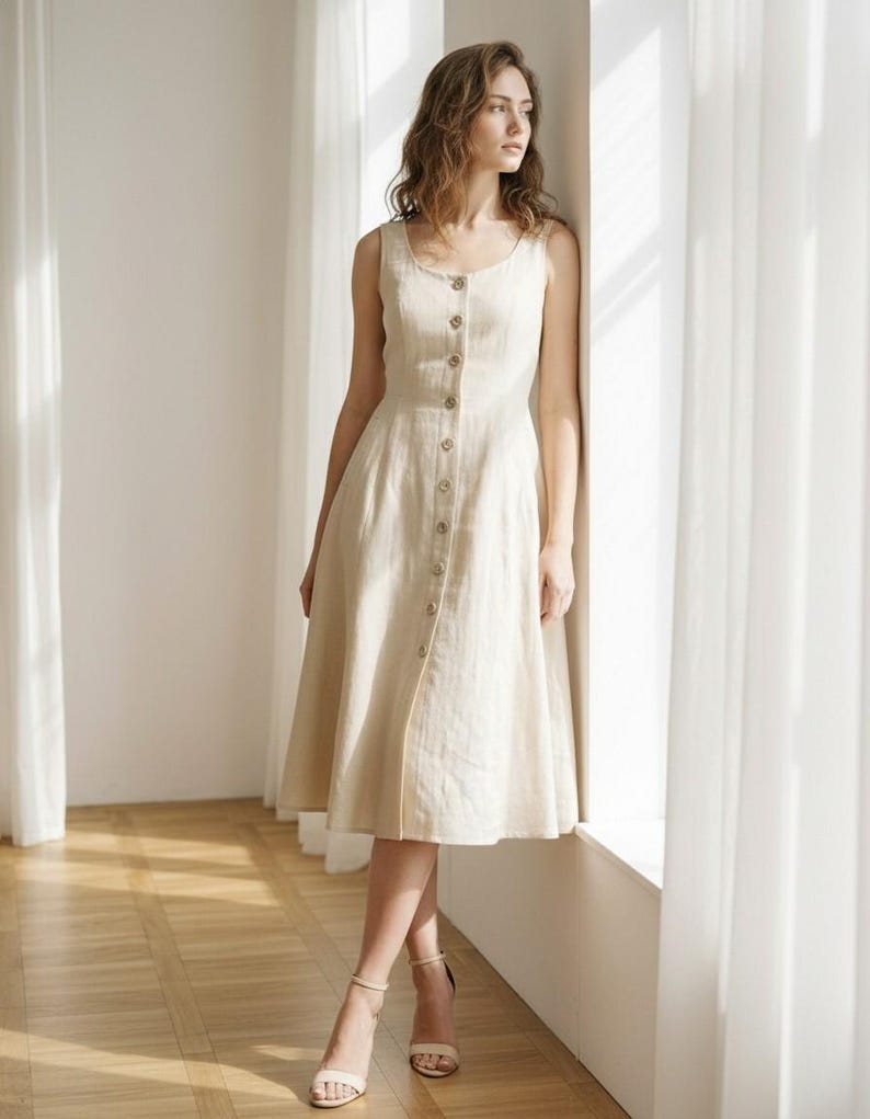 Sleeveless Linen Midi Dress, Button Front Fit & Flare