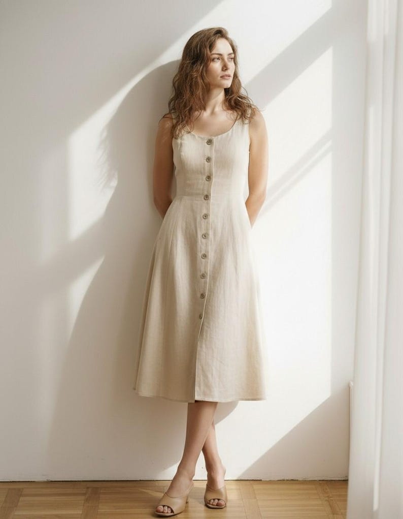Sleeveless Linen Midi Dress, Button Front Fit & Flare