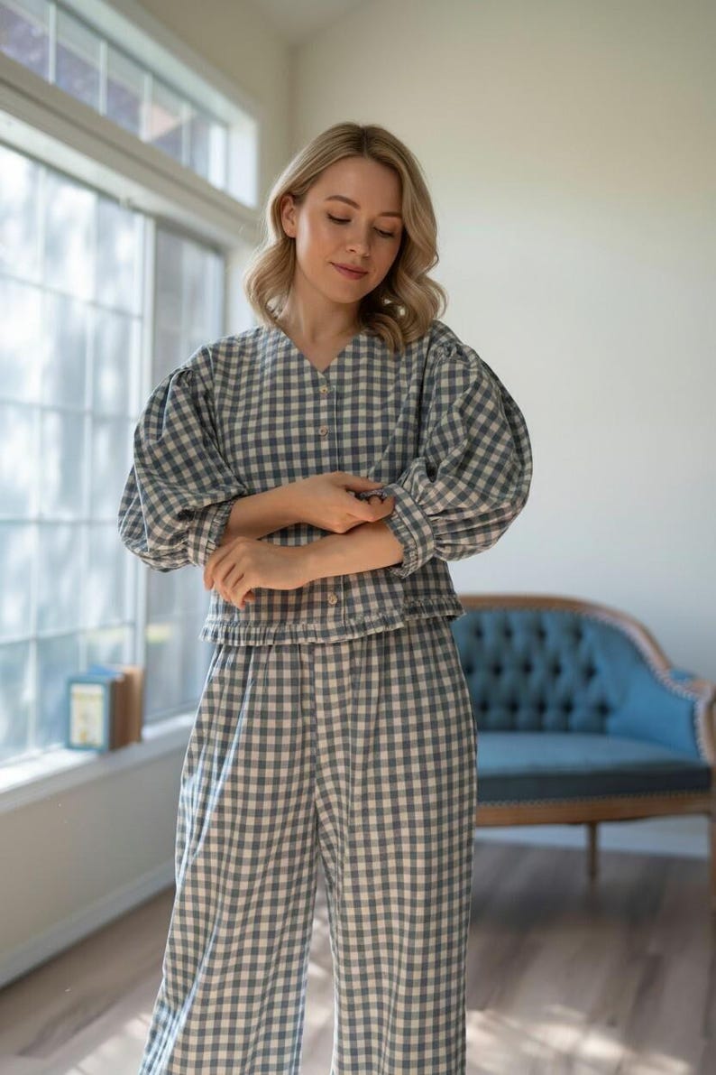 Linen Pajama Set, Cottagecore Sleepwear, Puff Sleeve Top and Wide Leg Pants, Vintage Loungewear Set, Women Linen PJS