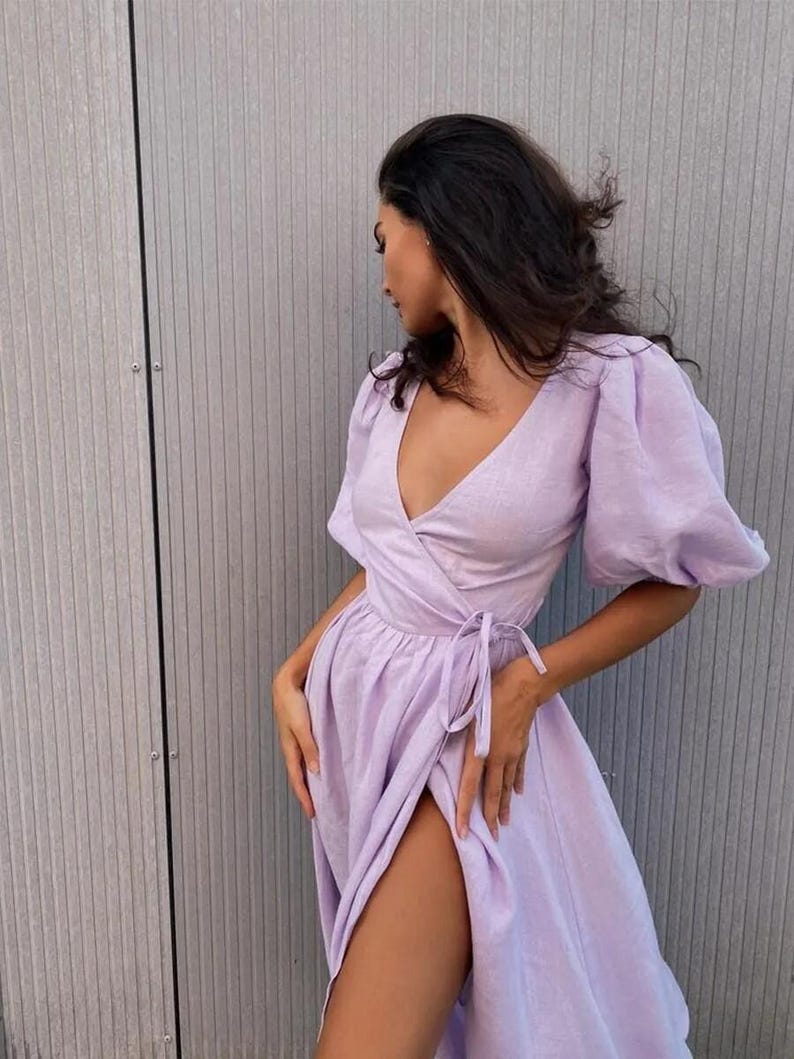 Linen Wrap Dress with Puff Sleeve, Deep V Slit Maxi Dress, Natural Linen Summer Wedding Guest Vacation Dress