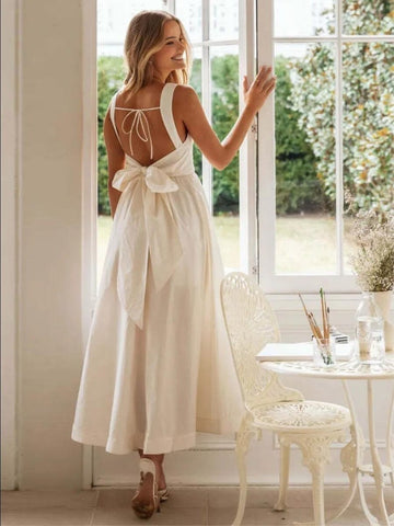 Boho Linen Open Back Maxi Dress With Bow Tie, Square Neck Linen Dress, Handmade Summer Wedding Dress, Elegant Linen Gown