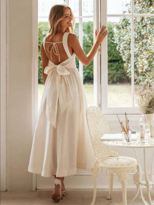 Boho Linen Open Back Maxi Dress With Bow Tie, Square Neck Linen Dress, Handmade Summer Wedding Dress, Elegant Linen Gown