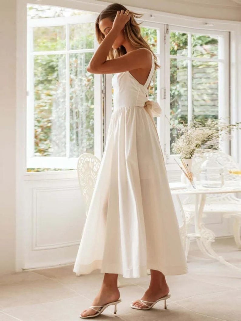 Boho Linen Open Back Maxi Dress With Bow Tie, Square Neck Linen Dress, Handmade Summer Wedding Dress, Elegant Linen Gown