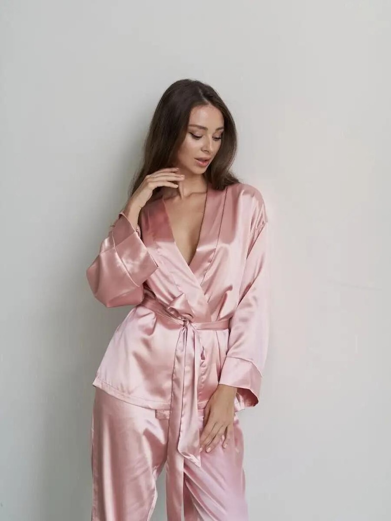 Wrap Kimono Silk Pajama Set, Satin Loungewear Set, Bridesmaid Getting Ready Outfit, Luxury Sleepwear, Wedding Morning Gift