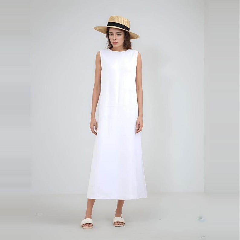 Open Back Sleeveless Linen Maxi Dress, Boat Neck Sundress, Natural Cotton Feel, Flowy and Elegant, Minimalist Linen Outfit
