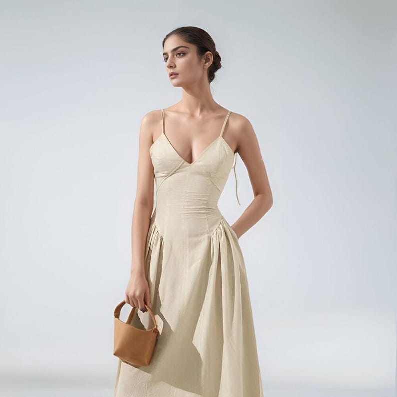 Linen Maxi Dress for Women, Sleeveless Empire Waist Dress, Wide Straps, Summer Vacation Outfit, Minimalist Natural Clothing