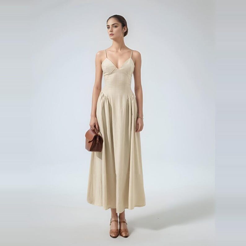 Linen Maxi Dress for Women, Sleeveless Empire Waist Dress, Wide Straps, Summer Vacation Outfit, Minimalist Natural Clothing