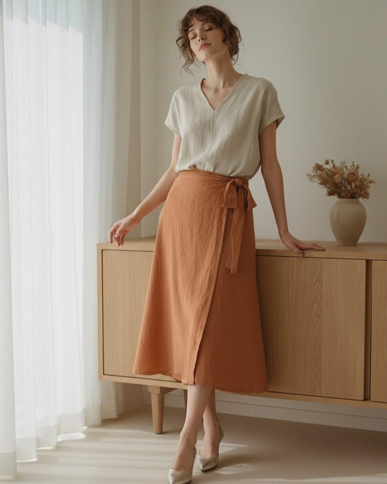 Linen A Line Wrap Skirt With Ties, Midi Skirt, Minimalist Linen Clothing For Women, Casual Elegant Style