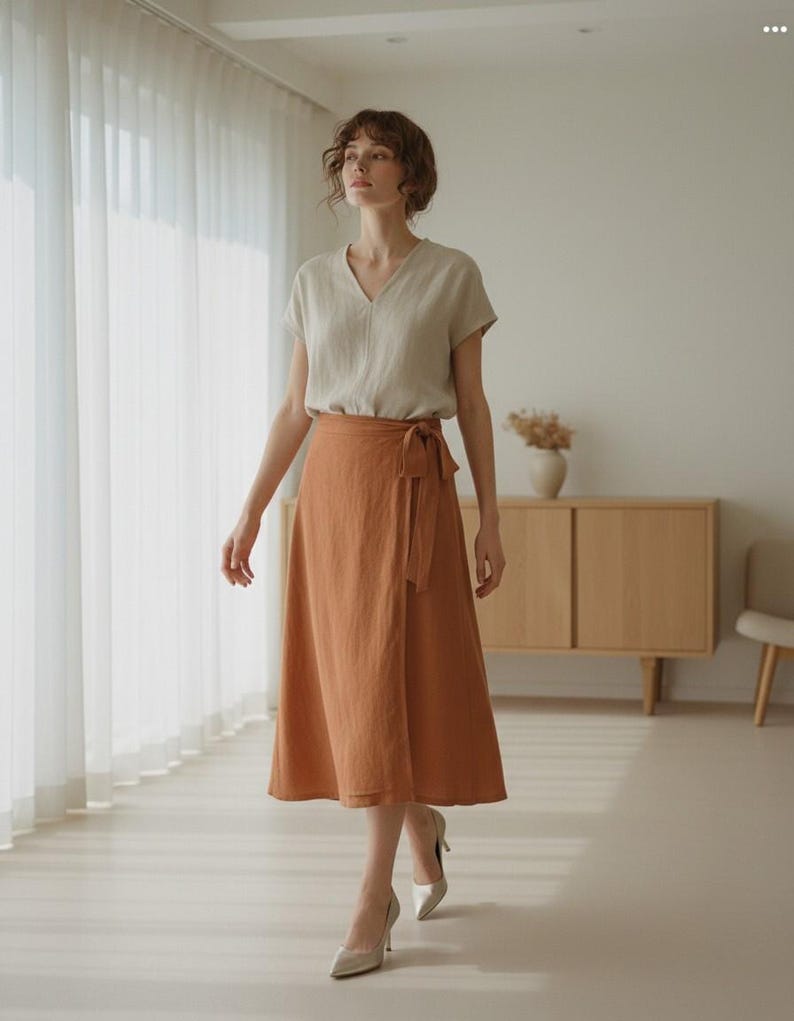 Linen A Line Wrap Skirt With Ties, Midi Skirt, Minimalist Linen Clothing For Women, Casual Elegant Style