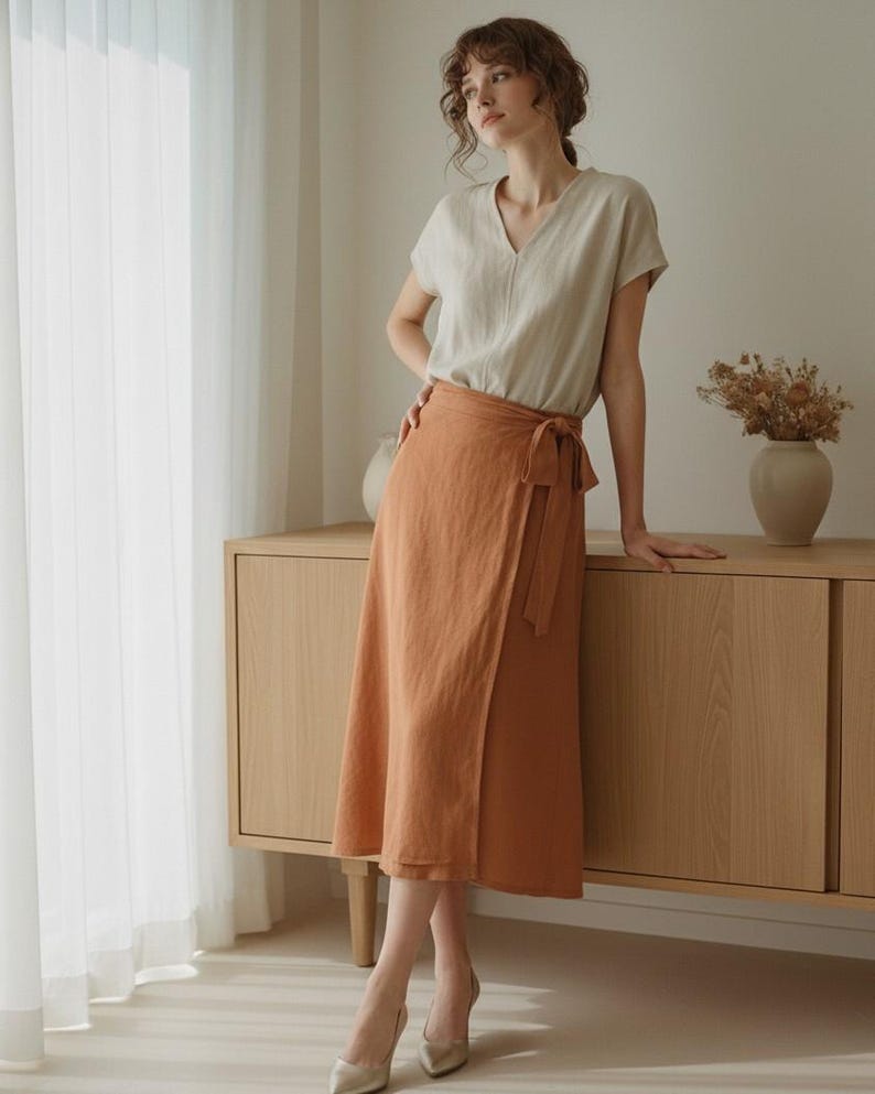 Linen A Line Wrap Skirt With Ties, Midi Skirt, Minimalist Linen Clothing For Women, Casual Elegant Style