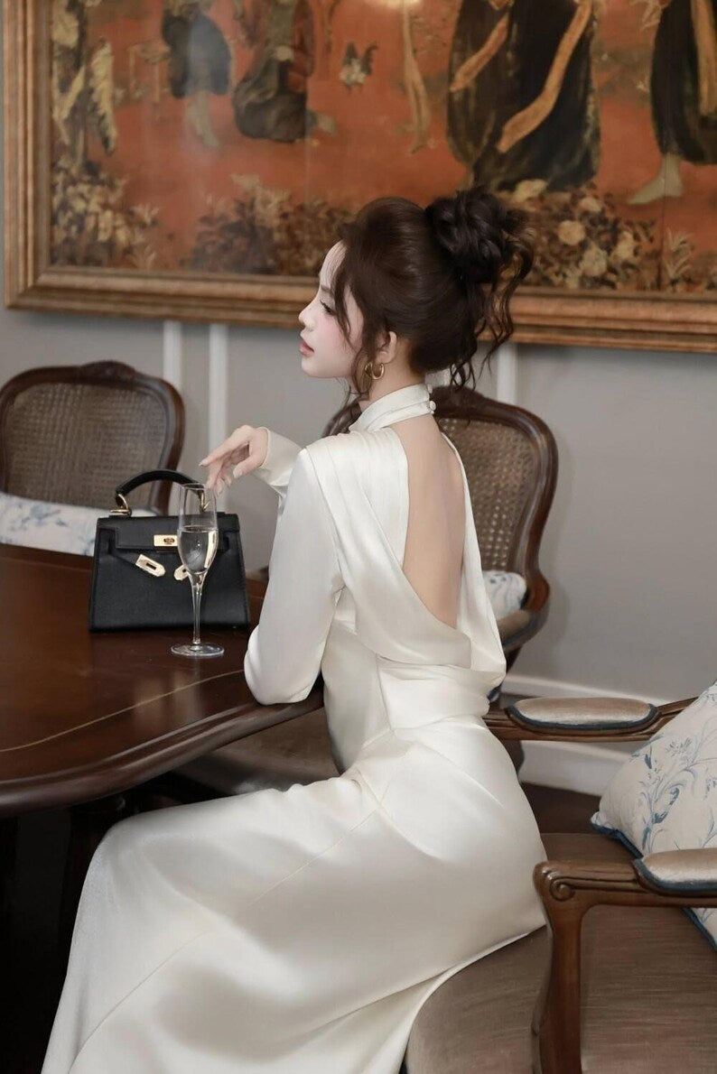 Elegant Long Sleeve Silk Evening Gown with Open Back, Satin Dress for Formal, Party & Wedding Events