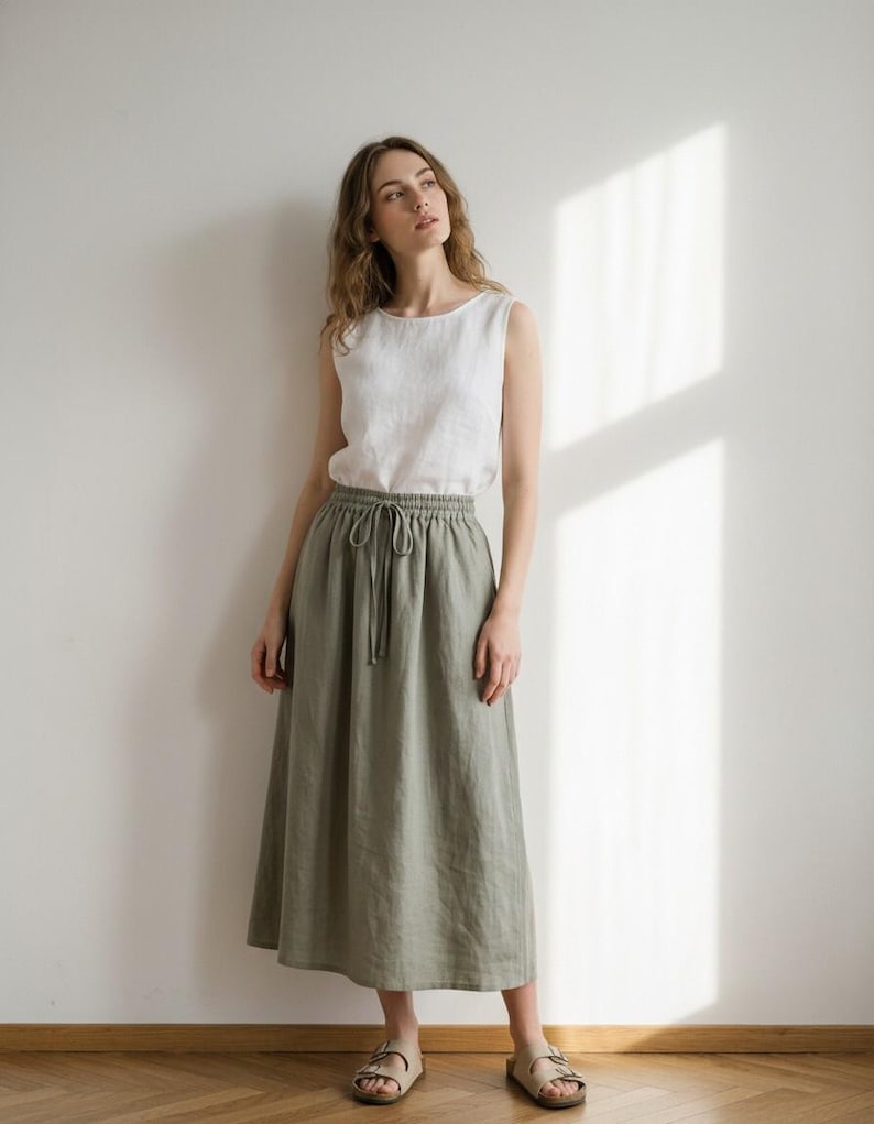 Linen Midi Skirt, Elastic Waist Skirt, Drawstring Linen Skirt, Minimal Summer Skirt, Casual Daily Wear