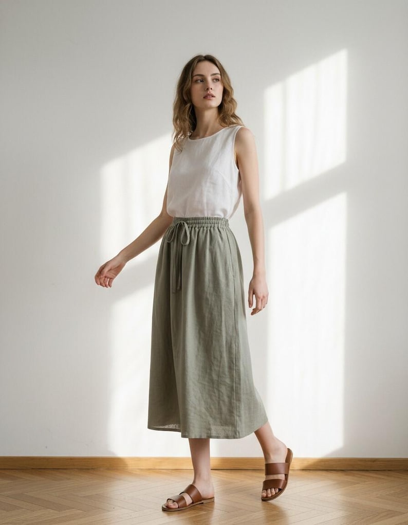 Linen Midi Skirt, Elastic Waist Skirt, Drawstring Linen Skirt, Minimal Summer Skirt, Casual Daily Wear