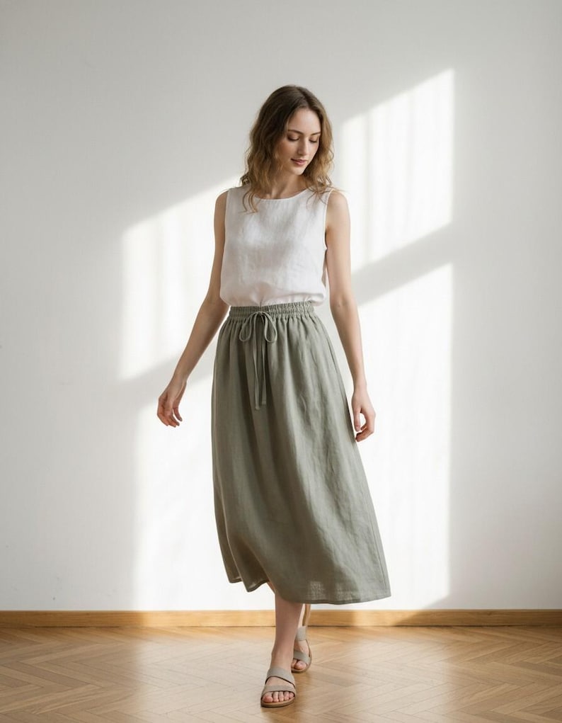 Linen Midi Skirt, Elastic Waist Skirt, Drawstring Linen Skirt, Minimal Summer Skirt, Casual Daily Wear