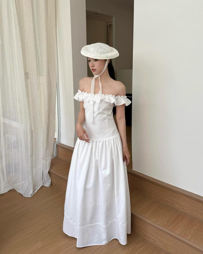 White Linen Off Shoulder Maxi Dress, Ruffle Summer Dress, Cottagecore Romantic Linen Gown