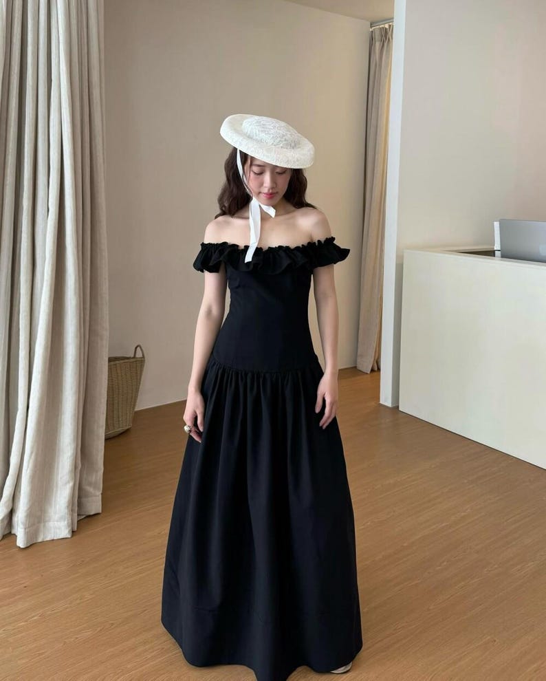 Minimal Black Off Shoulder Linen Maxi Dress, Elegant Ruffle Wedding Dress, Modern Bridal Gown