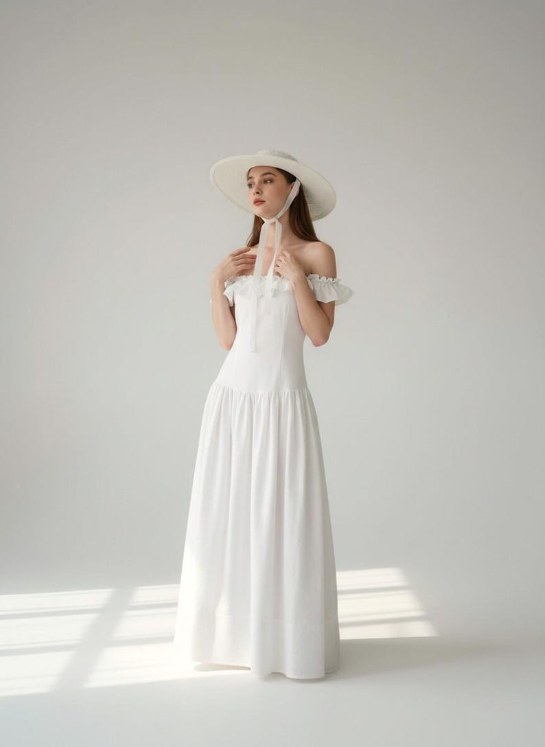 Off Shoulder Linen Maxi Dress, Ruffle Neck Summer Wedding Dress, White Maxi Linen Dress, Romantic Beach Bridal Gown