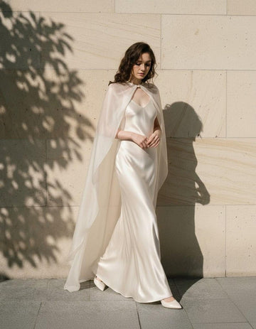 Silk Slip Wedding Dress with Sheer Cape, Minimal Bridal Gown, Elegant Modern Bride Dress