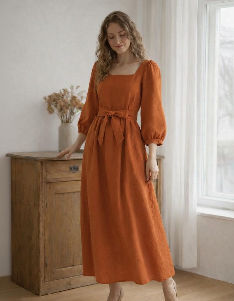 Linen Midi Dress with Puff Sleeves Square Neck Waist Tie Romantic Summer Linen Dress for Everyday