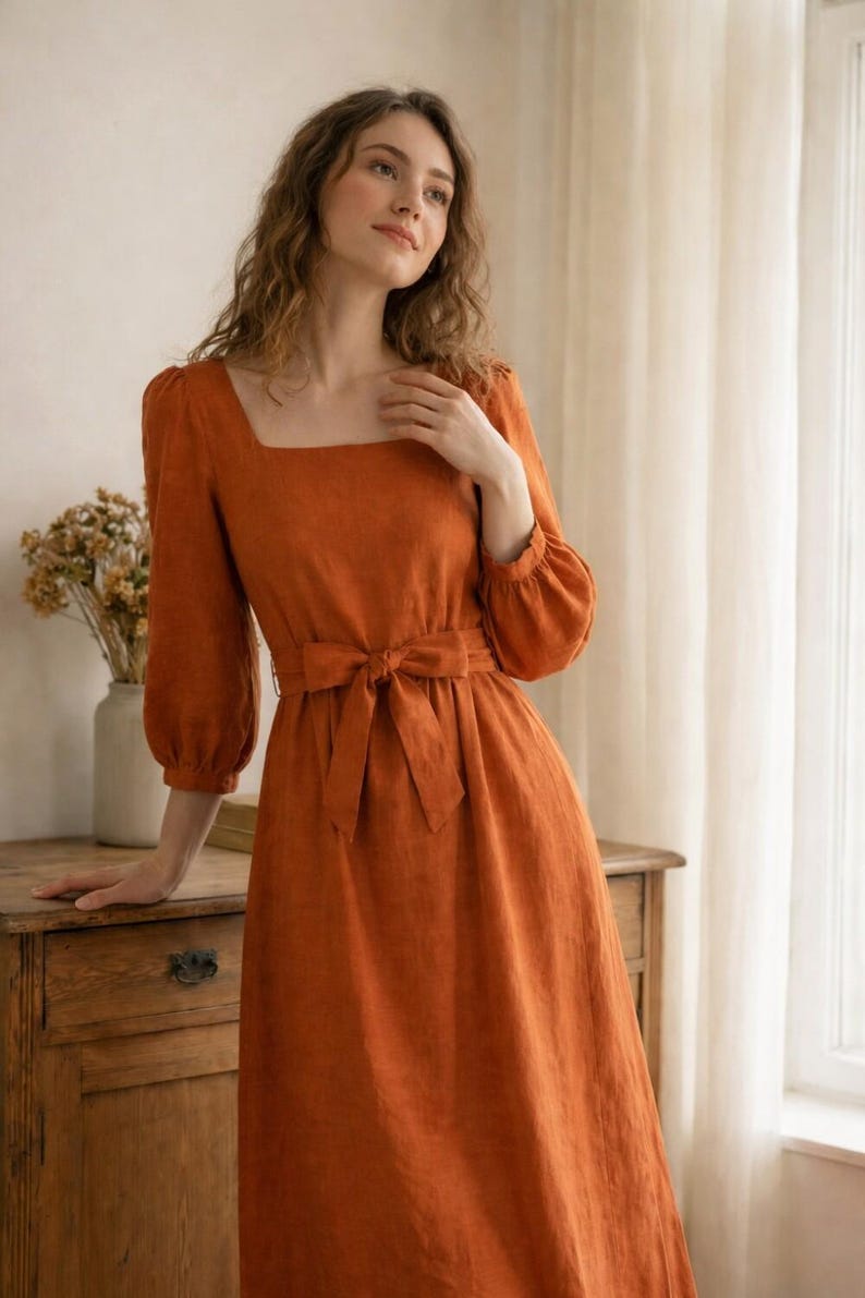 Linen Midi Dress with Puff Sleeves Square Neck Waist Tie Romantic Summer Linen Dress for Everyday