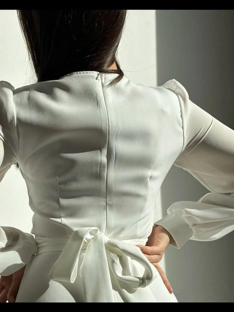 Elegant Wrap Silk Satin Gown with Long Puff Sleeves, High Slit Skirt, Chic Bridal or Bridesmaid Dress for Modern Ceremony Look