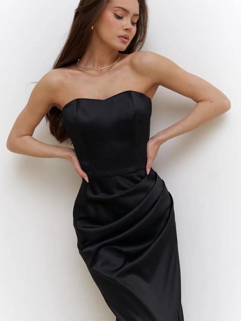 Strapless Silk Satin Black Dress with Slit - Elegant Evening Gown, Formal Wear For Prom & Weddings, Luxury Party Dress