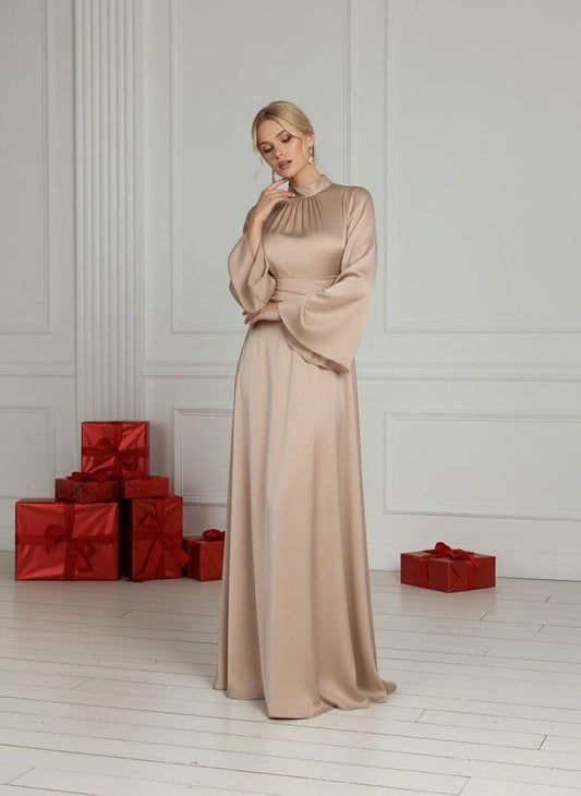 Elegant Champagne Satin Maxi Dress, Long Flare Sleeve Formal Gown, Evening Wedding Guest Dress