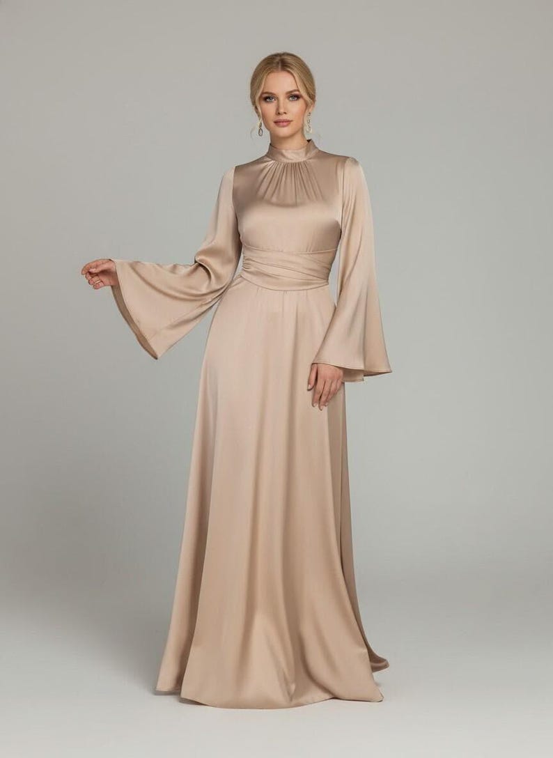 Elegant Champagne Satin Maxi Dress, Long Flare Sleeve Formal Gown, Evening Wedding Guest Dress