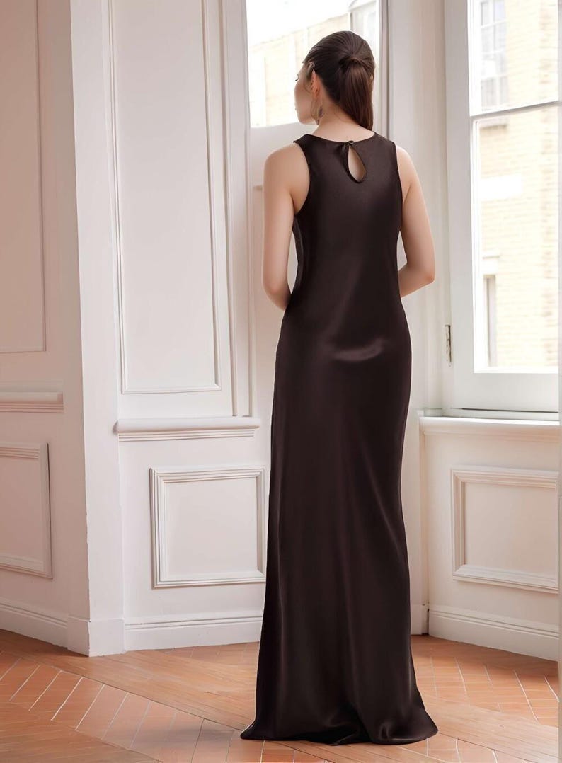 Espresso Brown Bias Cut Maxi Silk Gown with Halter Neck, Mulberry Silk Evening Dress
