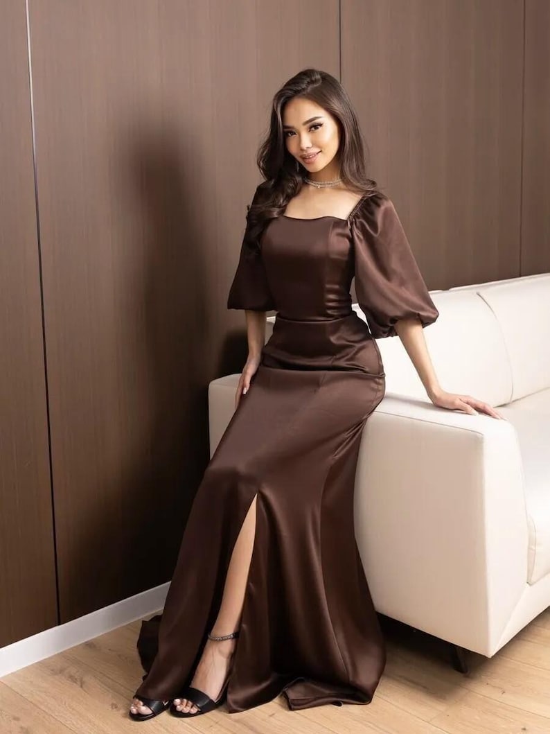 Elegant Chocolate Satin Square Neck Puff Sleeve Gown, Long Fitted Mermaid Dress, Formal Evening Dress, Wedding Guest Dress