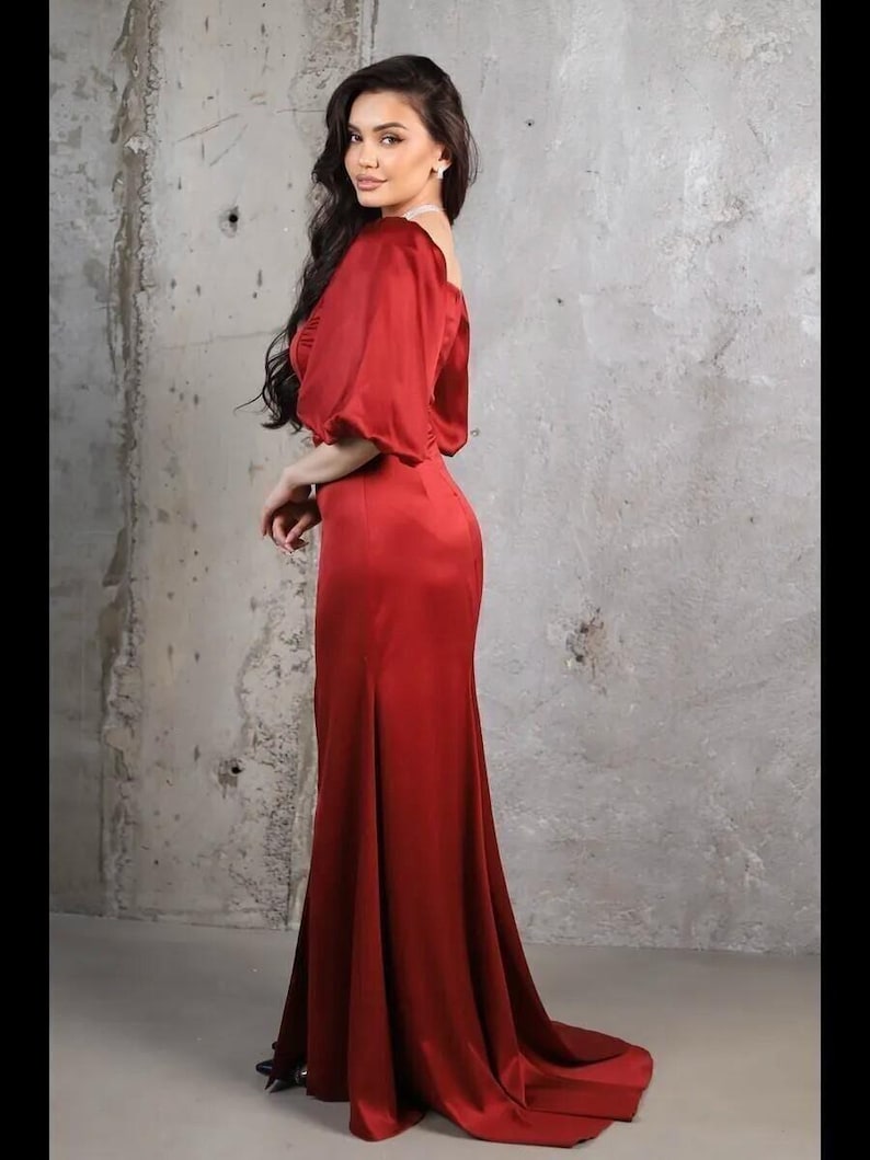 Elegant Chocolate Satin Square Neck Puff Sleeve Gown, Long Fitted Mermaid Dress, Formal Evening Dress, Wedding Guest Dress