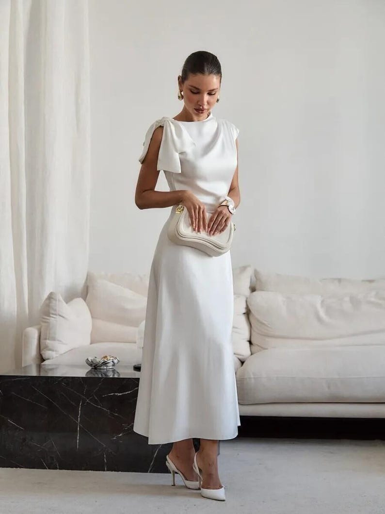 Elegant Midi Satin Dress with Bow Shoulder, Minimalist Bridal Reception Dress, Wedding Guest Outfit, Simple Modest Satin Gown