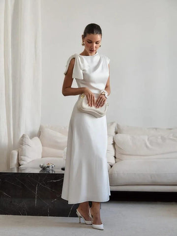 Elegant Midi Satin Dress with Bow Shoulder, Minimalist Bridal Reception Dress, Wedding Guest Outfit, Simple Modest Satin Gown