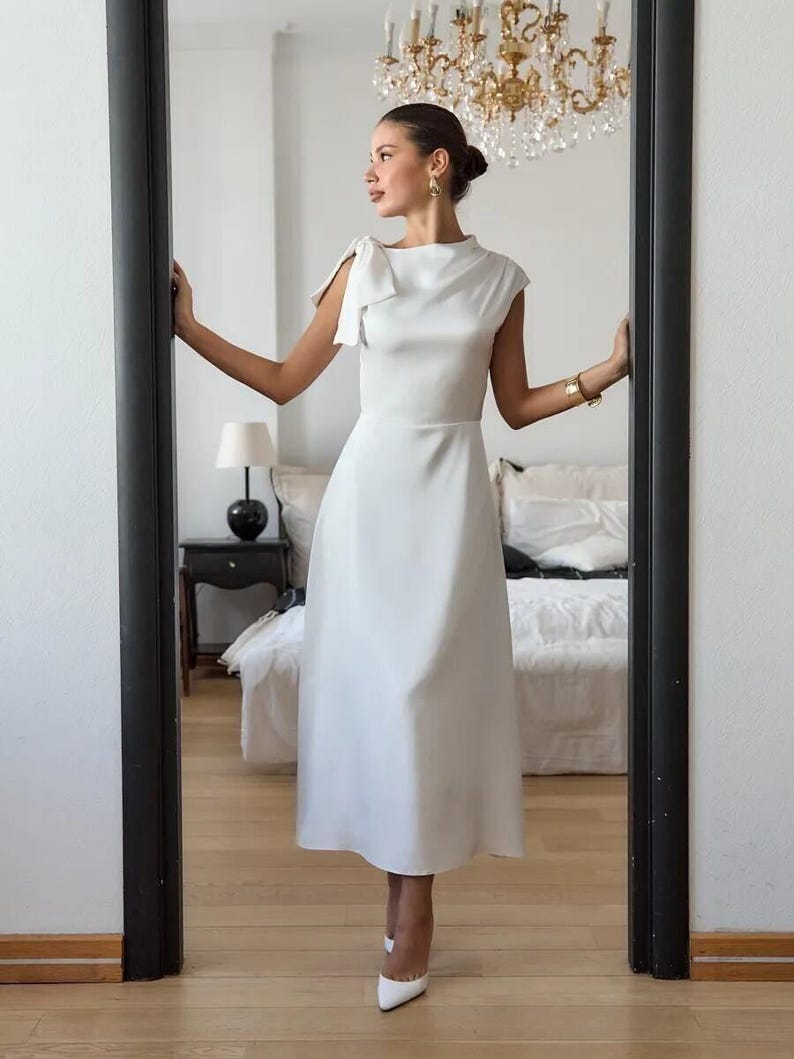 Elegant Midi Satin Dress with Bow Shoulder, Minimalist Bridal Reception Dress, Wedding Guest Outfit, Simple Modest Satin Gown