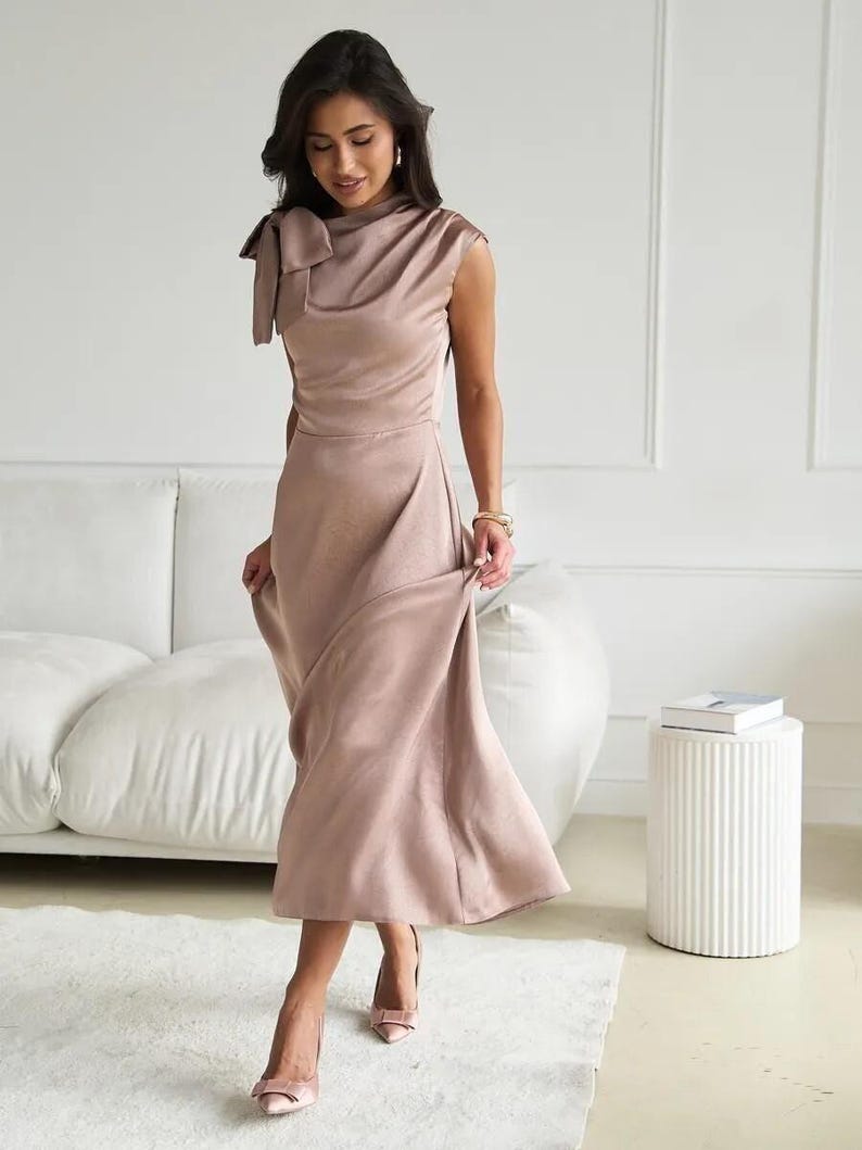 Elegant Midi Satin Dress with Bow Shoulder, Minimalist Bridal Reception Dress, Wedding Guest Outfit, Simple Modest Satin Gown