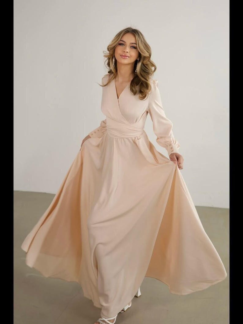 Elegant Champagne Satin Maxi Dress, Long Sleeve Wrap Gown, Formal Evening Dress, Bridesmaid Dress, Wedding Guest Dress