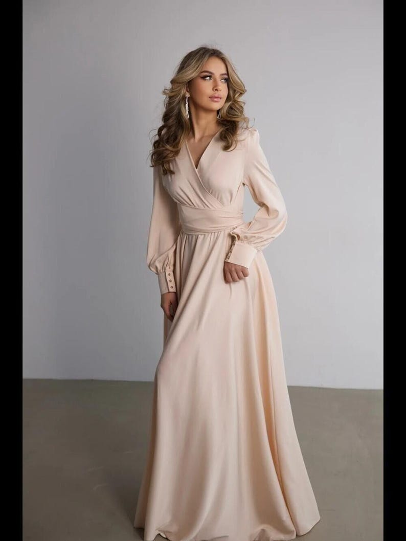Elegant Champagne Satin Maxi Dress, Long Sleeve Wrap Gown, Formal Evening Dress, Bridesmaid Dress, Wedding Guest Dress