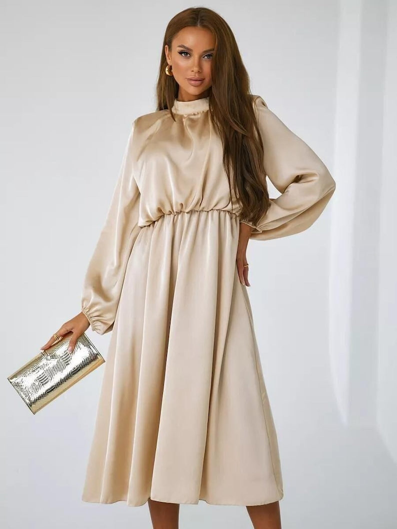 Long Sleeves Silk Dress, Mock Neck Party Dress, Formal Wedding Guest Dress, A Line Satin Gown, Champagne Bridesmaid Dress