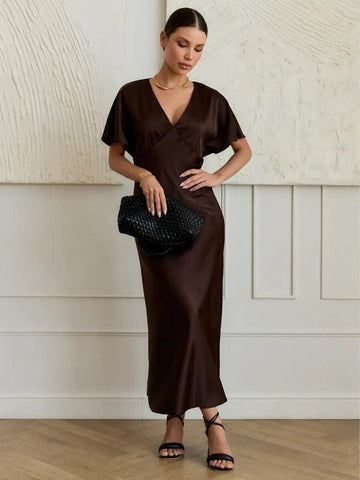 Chocolate Brown Satin Dress, Elegant V Neck Gown for Women, Modest Max – DreamMirth