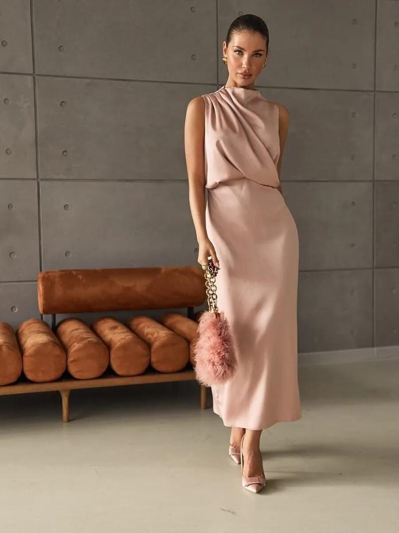 Elegant Satin Midi Dress, High Neck Drape Bridesmaid Dress, Wedding Guest Dress, Soft Pink Simple Formal Gown
