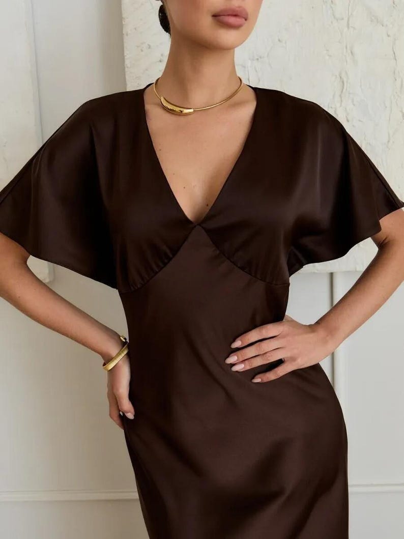 Chocolate Brown Satin Dress, Elegant V Neck Gown for Women, Modest Maxi Slip Dress, Wedding Dress, Wedding Guest Dress, Evening Formal Dress