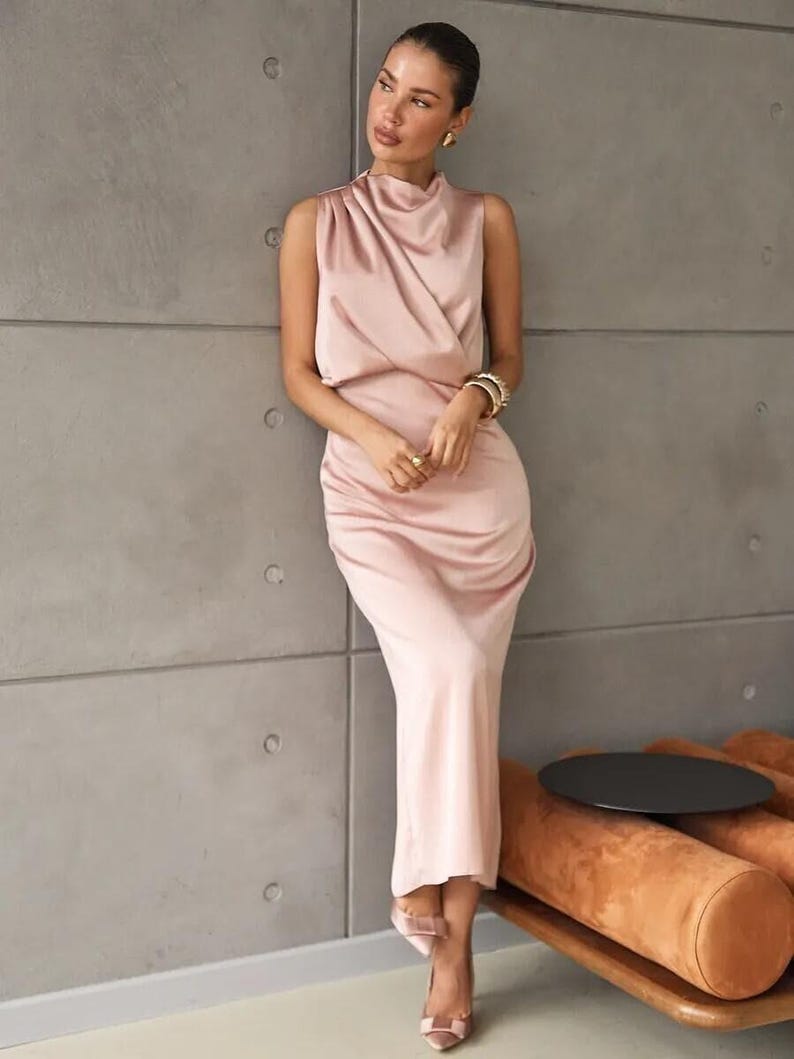 high neck dress for wedding guest Elegant Satin Midi Dress, High Neck Drape Bridesmaid Dress, Wedding Gu – DreamMirth